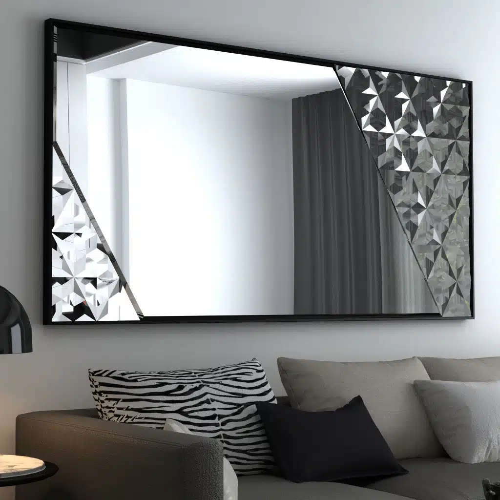 Black framed handmade beveled mirror with diagonal prism design