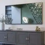 Black frame handmade beveled mirror with diagonal artwork