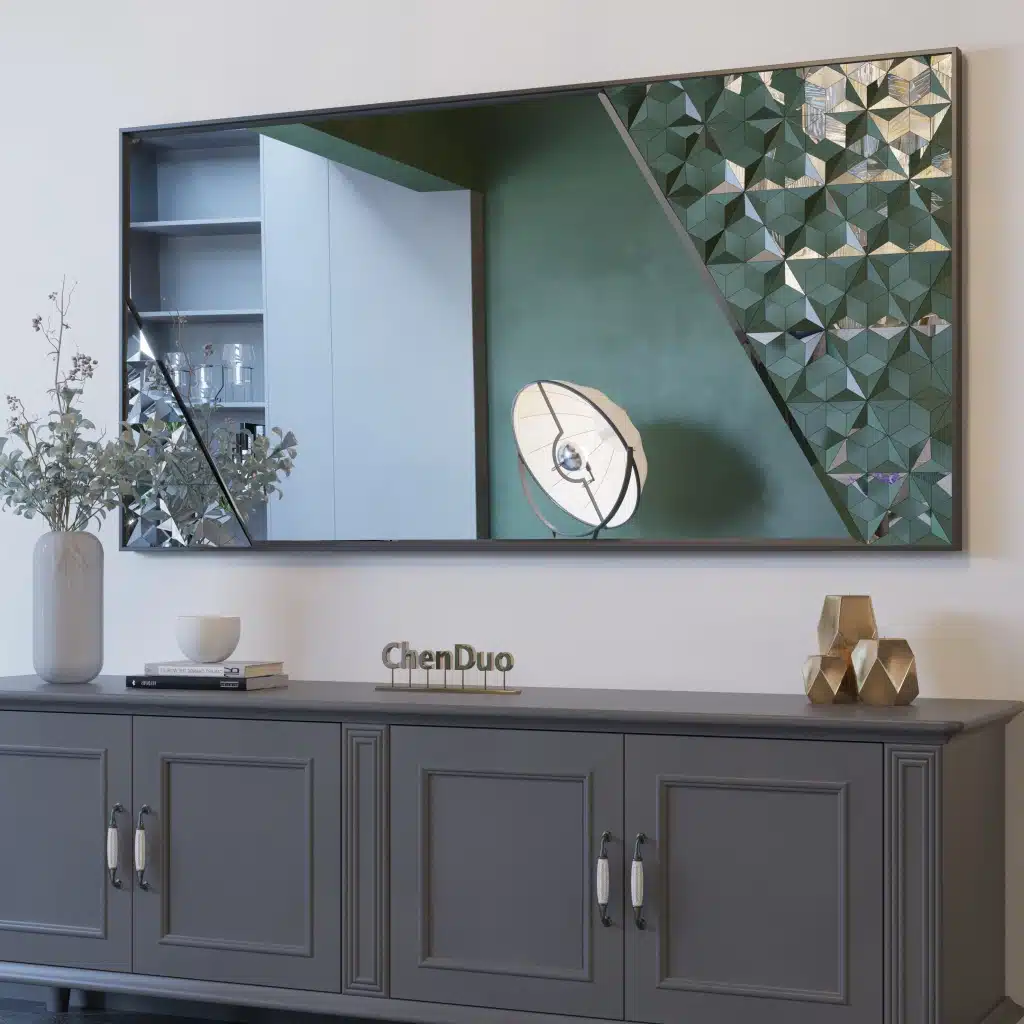 Black frame handmade beveled mirror with diagonal artwork