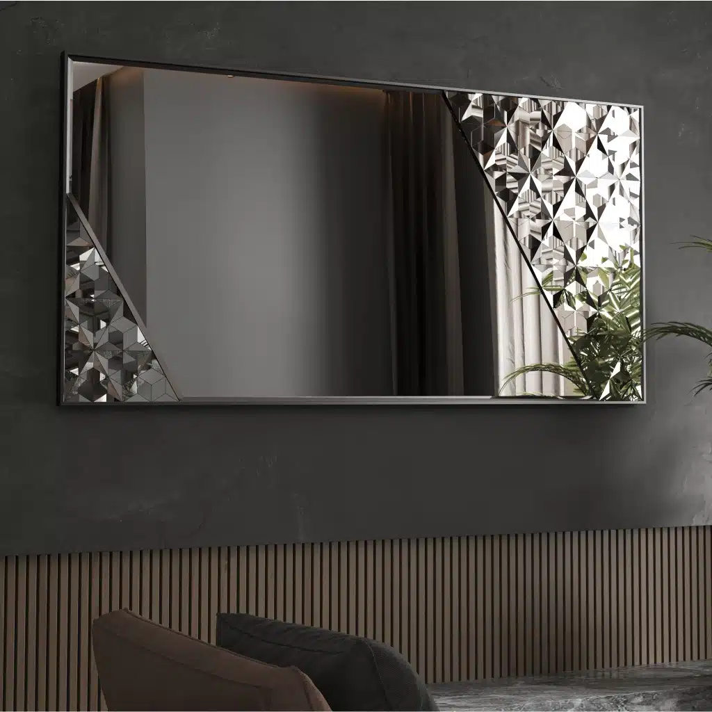 Black frame handmade beveled mirror with diagonal artwork