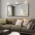 Black frame handmade beveled mirror with diagonal artwork