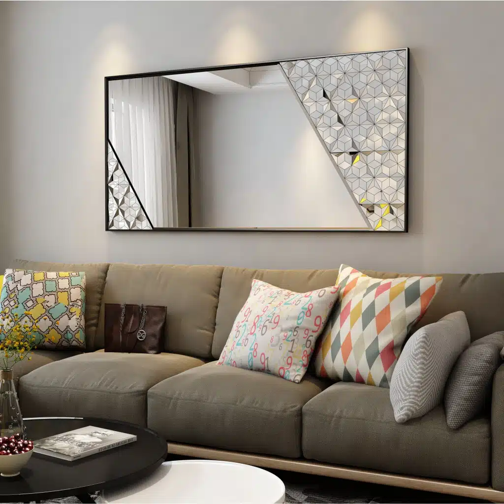 Black frame handmade beveled mirror with diagonal artwork