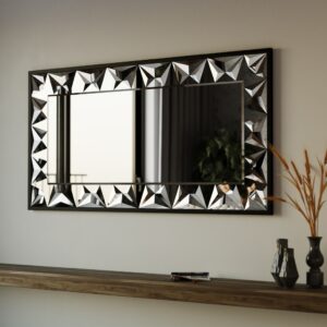 Handmade rectangular mirror with beveled edges and prism-shaped mirror art, black wooden frame