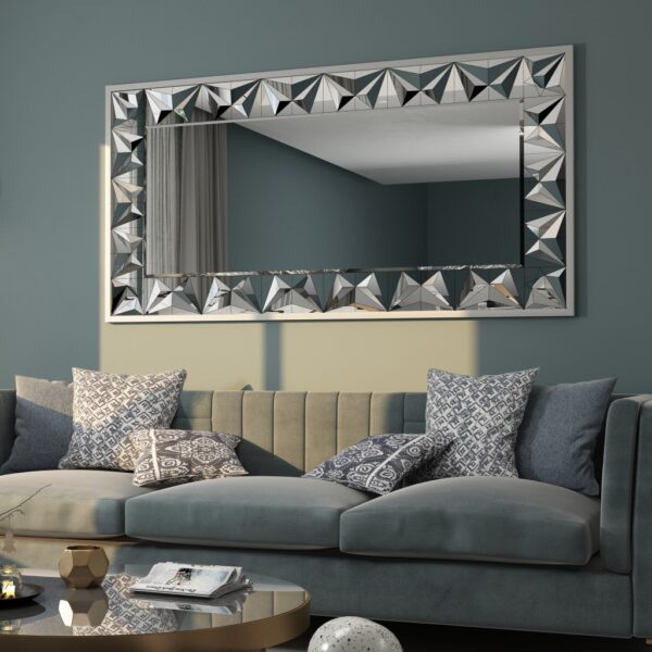 Elegant silver rectangular mirror with prism-shaped artwork, perfect for modern and classic interiors.