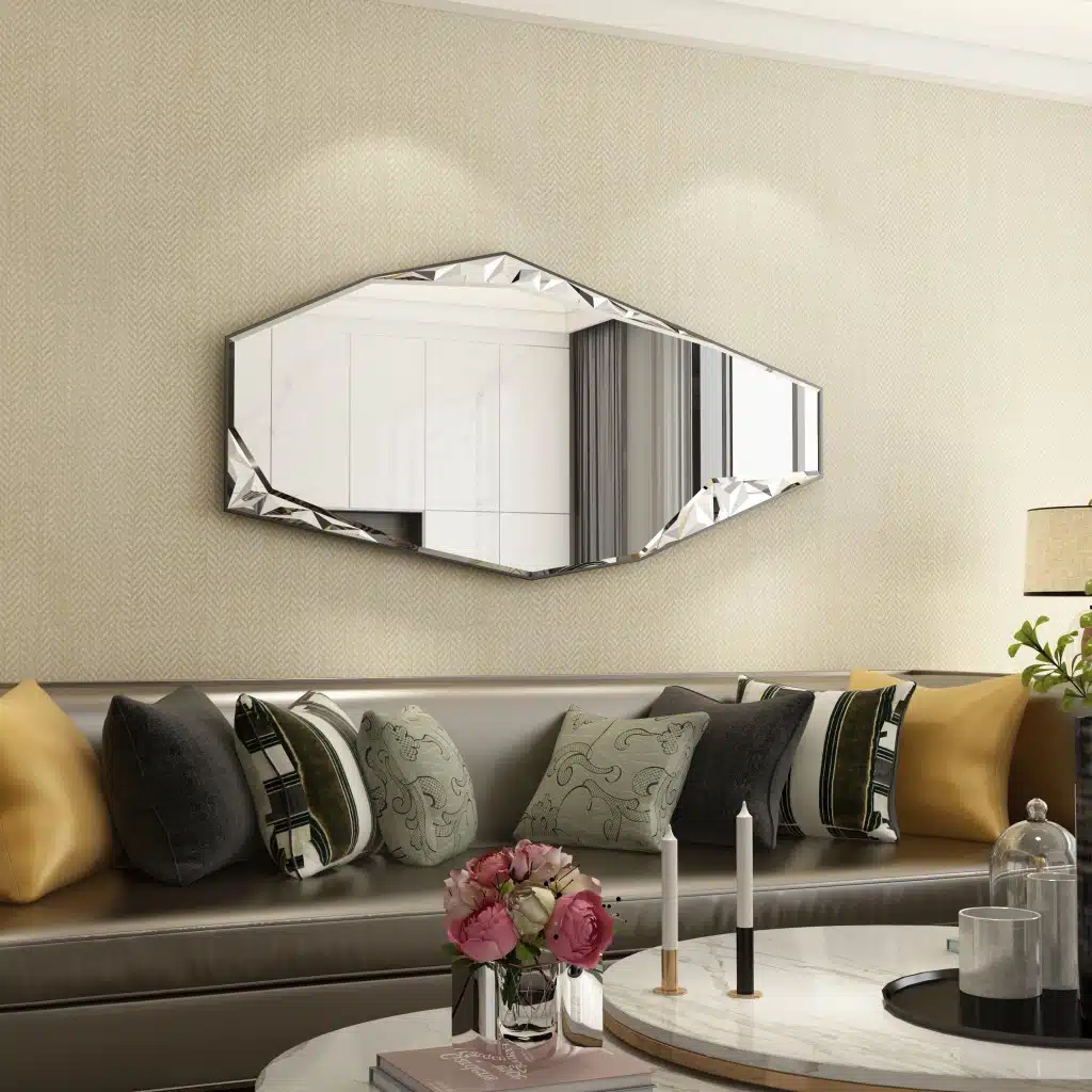 Add a touch of modern sophistication to your living space with this stunning Modern Full-Length Free Standing Irregular Gold Mirror. This Unique Asymmetrical Floor Mirror is not your ordinary mirror - its irregular shape and gold finish create a one-of-a-kind piece that is sure to elevate any room. Whether used as an Irregular Vanity Mirror or as a bold statement piece in your bedroom or living room, this Aesthetic Design Mirror will add a unique touch to your decor. Treat yourself to this luxurious full body mirror and bring a stylish flair to your home.