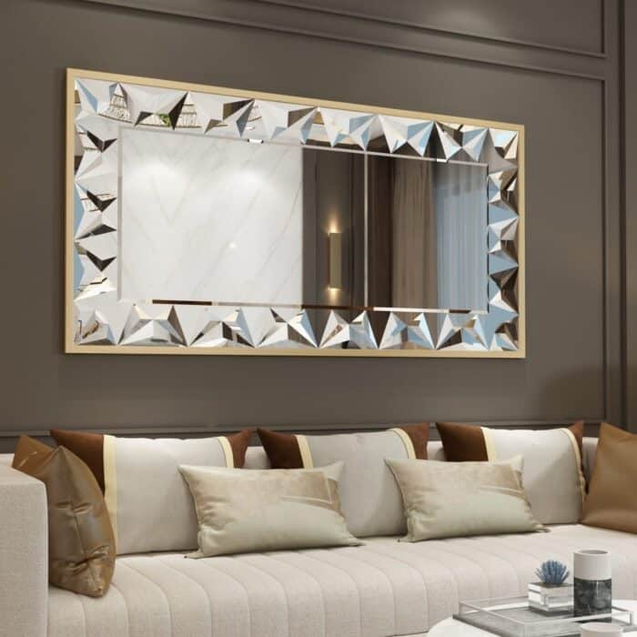 Luxury gold wall mirror with beveled edges, prism-shaped handmade mirror design, premium home décor