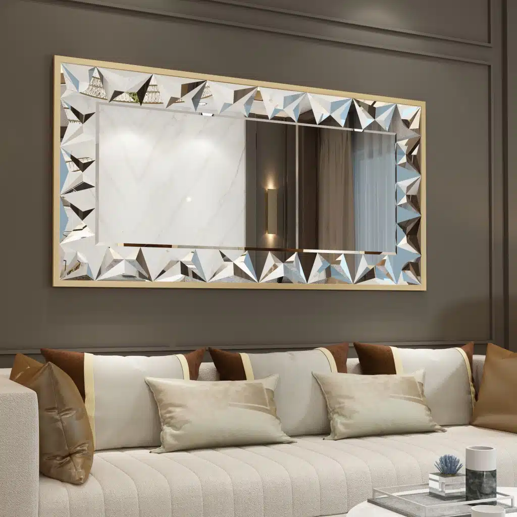 Luxury gold wall mirror with beveled edges, prism-shaped handmade mirror design, premium home décor