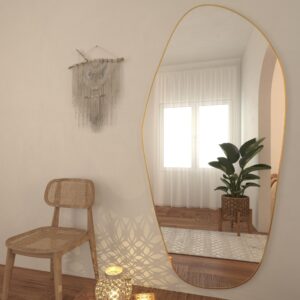 Add a touch of sleek sophistication to your space with this stunning ASYMMETRICAL VANITY MIRROR. The unique design of this Irregular Mirror creates a modern and stylish look, making it the perfect Entryway Mirror or Gold Wall Mirror for Bathroom. This Large Mirror wall décor is not only functional but also adds a touch of elegance to any room. Hang it in your bedroom for a chic full length Mirror, or add it to your living room for a dramatic focal point. Elevate your space with this versatile and eye-catching mirror today!
