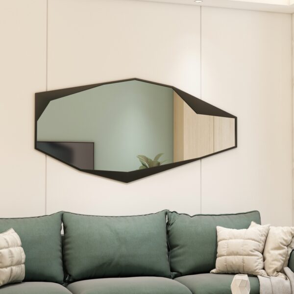 Add a touch of contemporary elegance to your living space with this Modern Full-Length Free Standing Irregular Gold Mirror. This Unique Asymmetrical Floor Mirror is not your average vanity mirror - its irregular shape and eye-catching design make it a standout piece of decor. Perfect for any room in your home, this Irregular Vanity Mirror will instantly elevate your space with its Aesthetic Design. Make a bold statement with this full body mirror that doubles as a stunning piece of art. Give your living room a stylish update with this striking and unique addition.