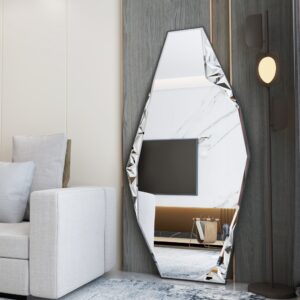 Add a touch of modern sophistication to your living space with this stunning Modern Full-Length Free Standing Irregular Gold Mirror. This Unique Asymmetrical Floor Mirror is not your ordinary mirror - its irregular shape and gold finish create a one-of-a-kind piece that is sure to elevate any room. Whether used as an Irregular Vanity Mirror or as a bold statement piece in your bedroom or living room, this Aesthetic Design Mirror will add a unique touch to your decor. Treat yourself to this luxurious full body mirror and bring a stylish flair to your home.