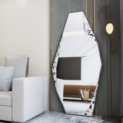 Add a touch of modern sophistication to your living space with this stunning Modern Full-Length Free Standing Irregular Gold Mirror. This Unique Asymmetrical Floor Mirror is not your ordinary mirror - its irregular shape and gold finish create a one-of-a-kind piece that is sure to elevate any room. Whether used as an Irregular Vanity Mirror or as a bold statement piece in your bedroom or living room, this Aesthetic Design Mirror will add a unique touch to your decor. Treat yourself to this luxurious full body mirror and bring a stylish flair to your home.