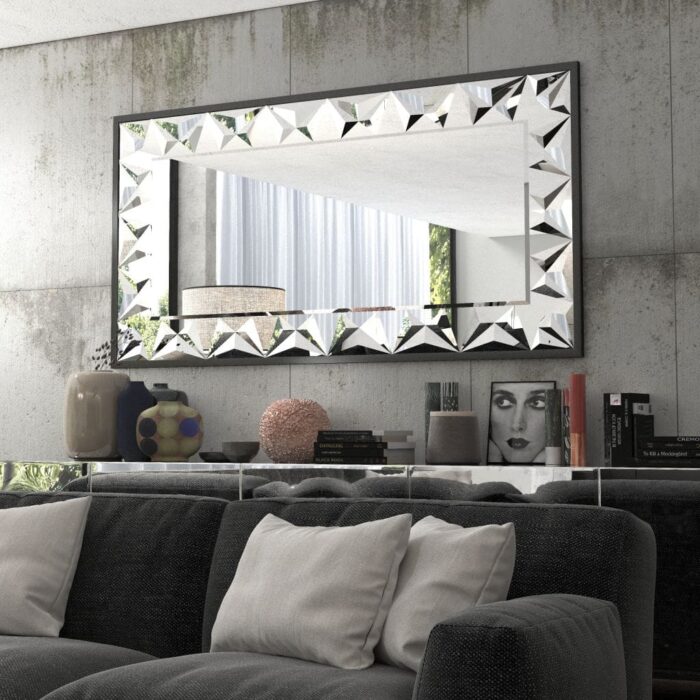 Handmade rectangular mirror with beveled edges and prism-shaped mirror art, black wooden frame