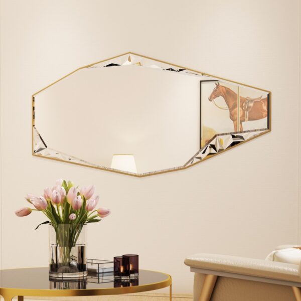 Add a touch of modern sophistication to your living space with this stunning Modern Full-Length Free Standing Irregular Gold Mirror. This Unique Asymmetrical Floor Mirror is not your ordinary mirror - its irregular shape and gold finish create a one-of-a-kind piece that is sure to elevate any room. Whether used as an Irregular Vanity Mirror or as a bold statement piece in your bedroom or living room, this Aesthetic Design Mirror will add a unique touch to your decor. Treat yourself to this luxurious full body mirror and bring a stylish flair to your home.