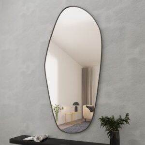 Add a touch of modern elegance to your space with this stunning ASYMMETRICAL VANITY MIRROR. This unique piece features an Irregular Mirror design that is perfect for adding a stylish flair to your Entryway or Bathroom. The Gold Wall Mirror adds a glamorous touch, while the Large Mirror size makes it perfect for wall décor or as a Full length Mirror. Elevate your home decor with this chic and versatile piece that is sure to make a statement in any room.