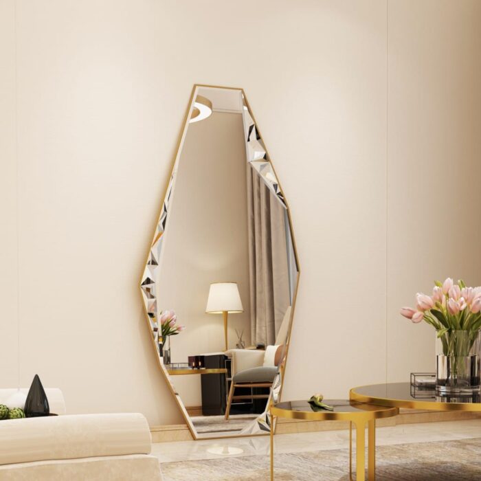 Add a touch of modern sophistication to your living space with this stunning Modern Full-Length Free Standing Irregular Gold Mirror. This Unique Asymmetrical Floor Mirror is not your ordinary mirror - its irregular shape and gold finish create a one-of-a-kind piece that is sure to elevate any room. Whether used as an Irregular Vanity Mirror or as a bold statement piece in your bedroom or living room, this Aesthetic Design Mirror will add a unique touch to your decor. Treat yourself to this luxurious full body mirror and bring a stylish flair to your home.