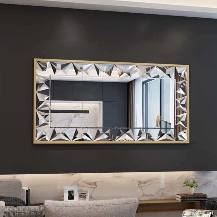 Luxury gold wall mirror with beveled edges, prism-shaped handmade mirror design, premium home décor."