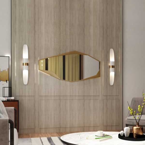 Add a touch of modern elegance to your space with this stunning Modern Full-Length Free Standing Irregular Gold Mirror. This Unique Asymmetrical Floor Mirror features an Irregular Full body design, perfect for adding a bold statement to any room. The Large Bathroom Vanity Mirror not only serves a functional purpose but also showcases an Aesthetic Design that is sure to elevate your decor. This one-of-a-kind mirror makes a thoughtful Housewarming Gift for those with Chic Homes, making it a standout piece in any interior setting.