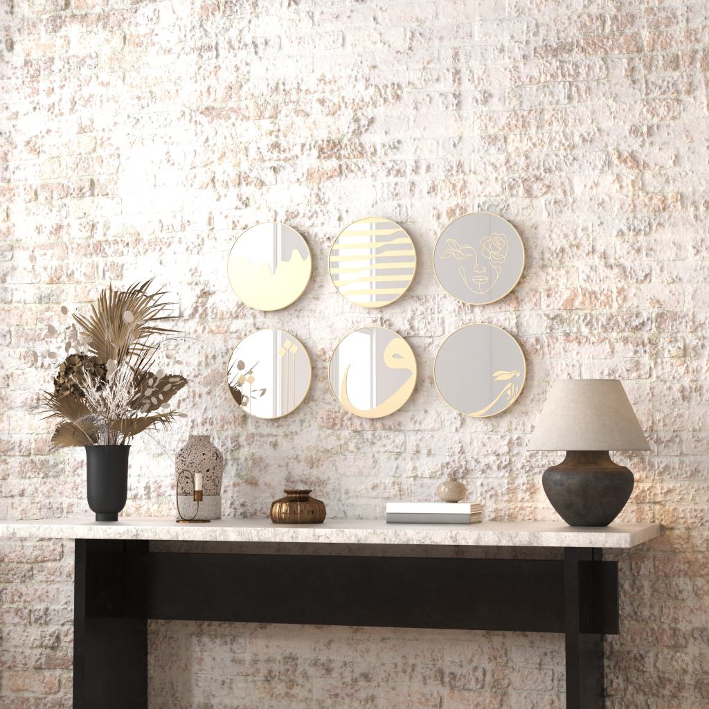 1. White wall with round mirror and lamp. 2. Elegant white wall with designer round mirror and lamp. 3. Stylish white wall featuring unique round mirror and lamp.