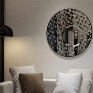 Introducing our stunning Round Asymmetrical Mirror, perfect for adding a touch of elegance to your living room decor or bathroom vanity. This unique accent decor piece features a large circle design in a decorative sunburst style, sure to catch the eye and elevate the aesthetic of any space. Whether hung on a wall or displayed on a dresser, this mirror is both functional and stylish, making it a must-have piece for your home. Brighten up your space with this statement mirror today!