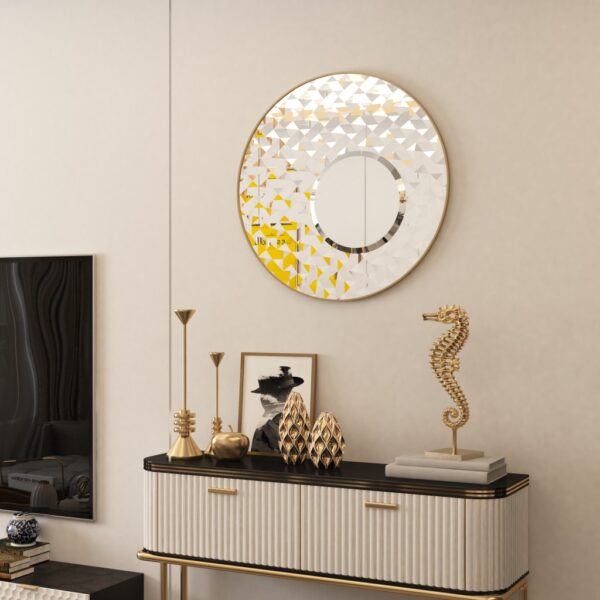 Add a touch of elegance and style to your space with this Round Asymmetrical Mirror. Perfect for your living room decor or as a statement piece in your bathroom, this large circle wall mirror will bring a unique accent to any room. The decorative sunburst style adds a modern flair while also incorporating a classic design. Elevate your home decor with this stunning mirror that will surely catch the eye of all your guests.