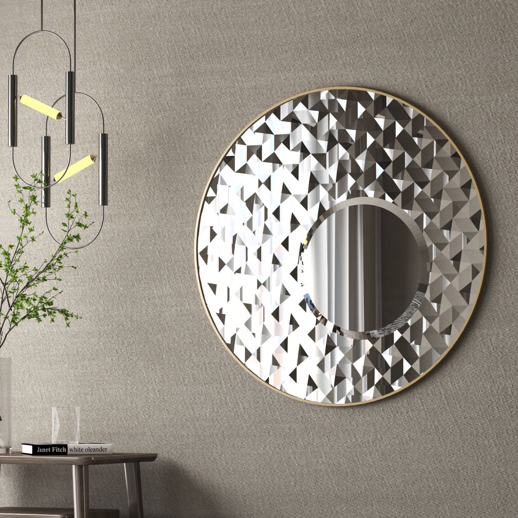 Add a touch of elegance and style to your space with this Round Asymmetrical Mirror. Perfect for your living room decor or as a statement piece in your bathroom, this large circle wall mirror will bring a unique accent to any room. The decorative sunburst style adds a modern flair while also incorporating a classic design. Elevate your home decor with this stunning mirror that will surely catch the eye of all your guests.