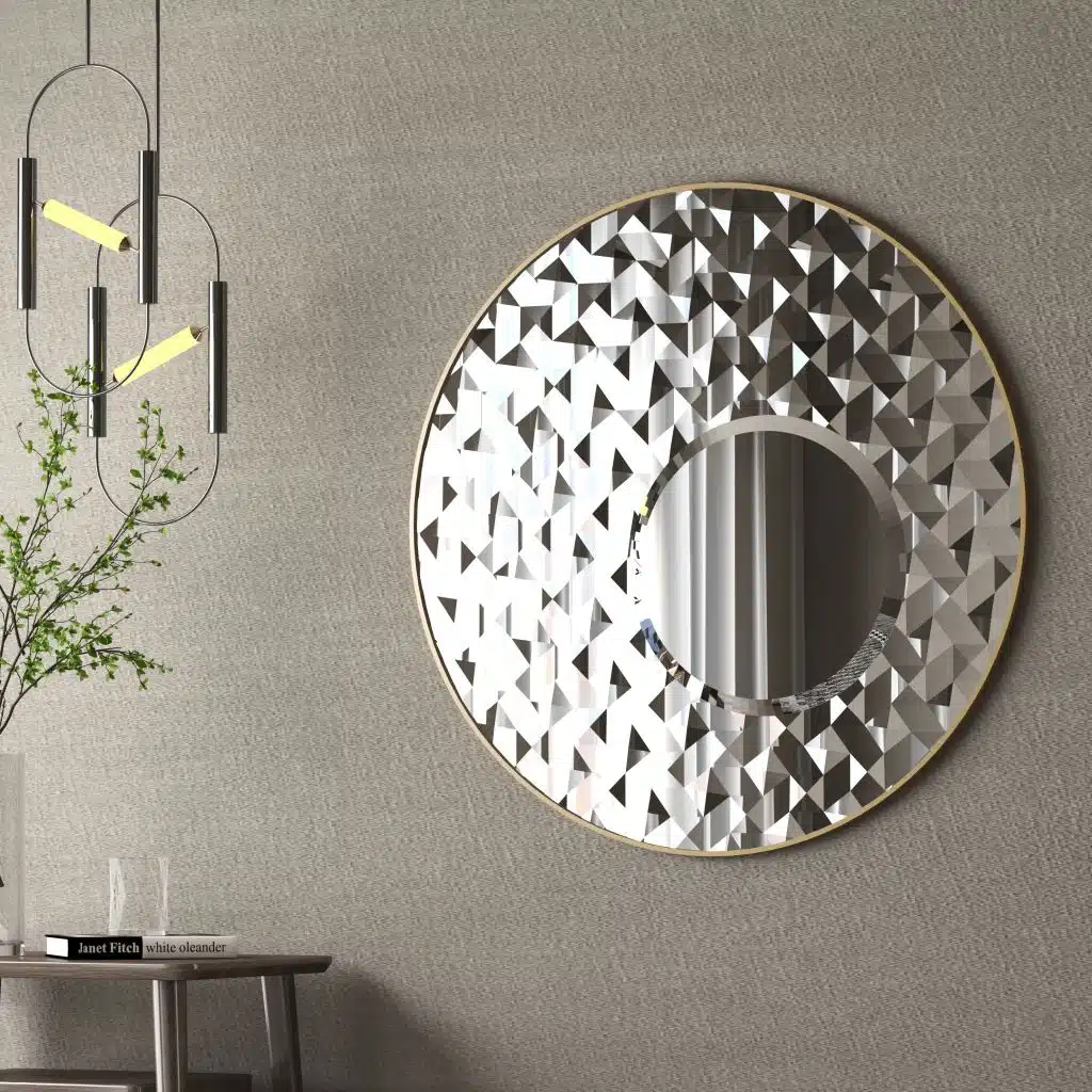 Add a touch of elegance and style to your space with this Round Asymmetrical Mirror. Perfect for your living room decor or as a statement piece in your bathroom, this large circle wall mirror will bring a unique accent to any room. The decorative sunburst style adds a modern flair while also incorporating a classic design. Elevate your home decor with this stunning mirror that will surely catch the eye of all your guests.