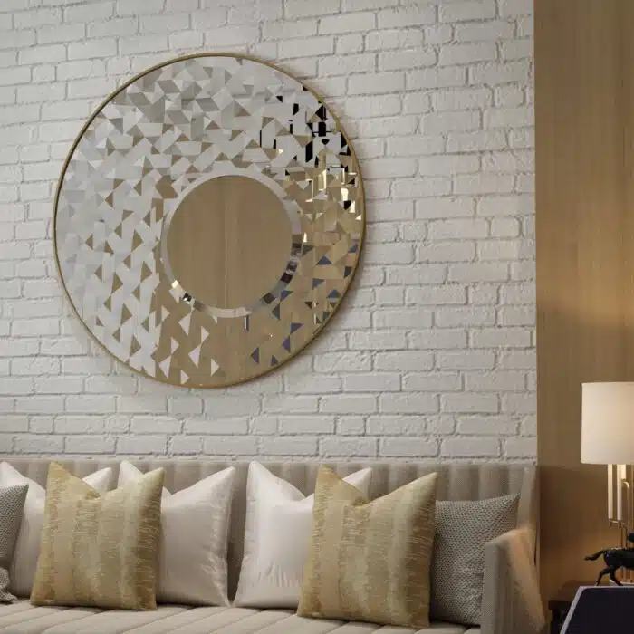 Introducing our stunning Round Asymmetrical Mirror, perfect for adding a touch of elegance to your living room decor or bathroom vanity. This unique accent decor piece features a large circle design in a decorative sunburst style, sure to catch the eye and elevate the aesthetic of any space. Whether hung on a wall or displayed on a dresser, this mirror is both functional and stylish, making it a must-have piece for your home. Brighten up your space with this statement mirror today!