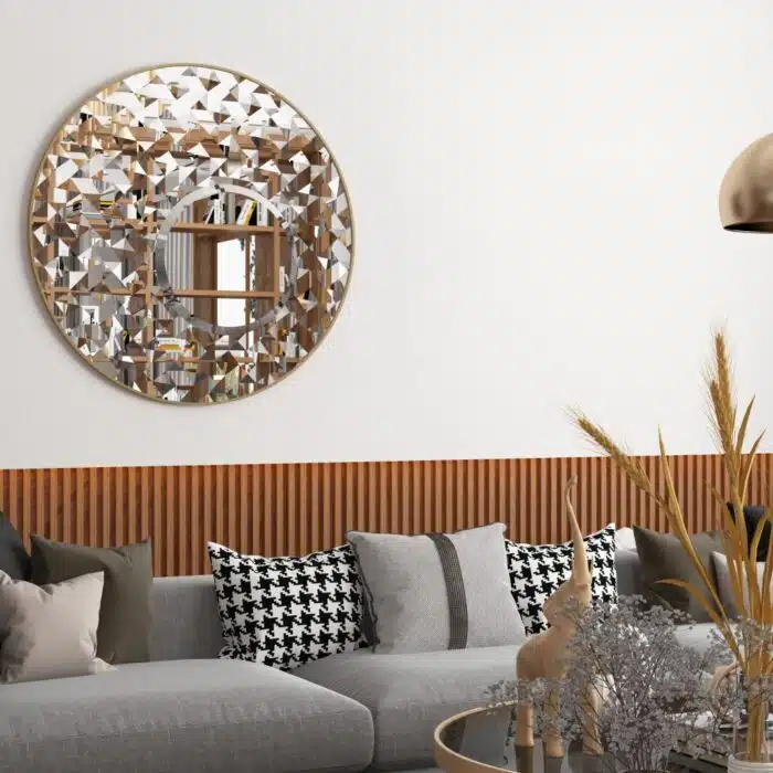 Introducing our stunning Round Asymmetrical Mirror, perfect for adding a touch of elegance to your living room decor or bathroom vanity. This unique accent decor piece features a large circle design in a decorative sunburst style, sure to catch the eye and elevate the aesthetic of any space. Whether hung on a wall or displayed on a dresser, this mirror is both functional and stylish, making it a must-have piece for your home. Brighten up your space with this statement mirror today!