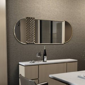Introducing our Oval Pill shaped Mirror, a stunning addition to any chic home decor. This Long Large Wall Mirror is perfect for adding a touch of modern style to your living room or bathroom vanity. Its asymmetrical irregular shape makes it a unique statement piece for your entryway, sure to catch the eye of all your guests. Elevate your space with this Stylish Modern Wall Mirror that combines form and function beautifully. A must-have for anyone looking to add a touch of sophistication to their home.