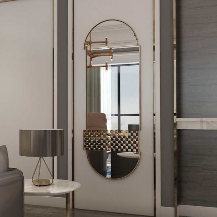 Introducing our Oval Pill shaped Mirror, a stunning addition to any chic home decor. This Long Large Wall Mirror is perfect for adding a touch of modern style to your living room or bathroom vanity. Its asymmetrical irregular shape makes it a unique statement piece for your entryway, sure to catch the eye of all your guests. Elevate your space with this Stylish Modern Wall Mirror that combines form and function beautifully. A must-have for anyone looking to add a touch of sophistication to their home.