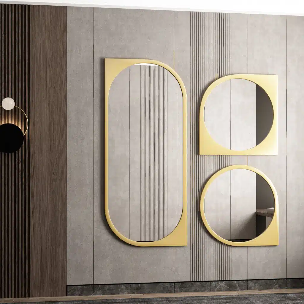 Add a touch of modern sophistication to your living space with our Asymmetrical Bathroom Vanity Mirror. This unique piece features a Round Irregular shape that adds an artistic flair to any room. The Aesthetic Long Gold Mirror frame enhances the elegance of the design, making it the perfect statement piece for your home decor. Whether you place it in your bathroom, living room, or as part of a set in your bedroom, this Unique Curved Mirror is sure to elevate your space with style and charm.
