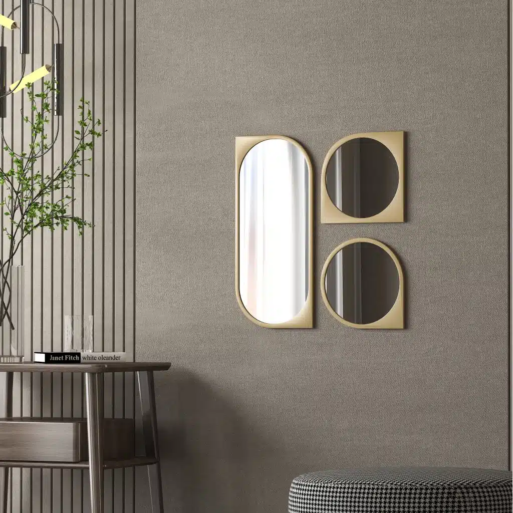 Elevate the style of your bathroom or living room with this stunning Asymmetrical Bathroom Vanity Mirror. Featuring a Round Irregular design and a Unique curved shape, this mirror adds a touch of modern elegance to any space. The Aesthetic Long Gold finish brings a touch of luxury, making it the perfect statement piece for your home. Complete your living room set with this one-of-a-kind mirror that is sure to impress your guests.
