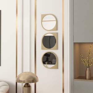 Elevate the style of your bathroom or living room with this stunning Asymmetrical Bathroom Vanity Mirror. Featuring a Round Irregular design and a Unique curved shape, this mirror adds a touch of modern elegance to any space. The Aesthetic Long Gold finish brings a touch of luxury, making it the perfect statement piece for your home. Complete your living room set with this one-of-a-kind mirror that is sure to impress your guests.