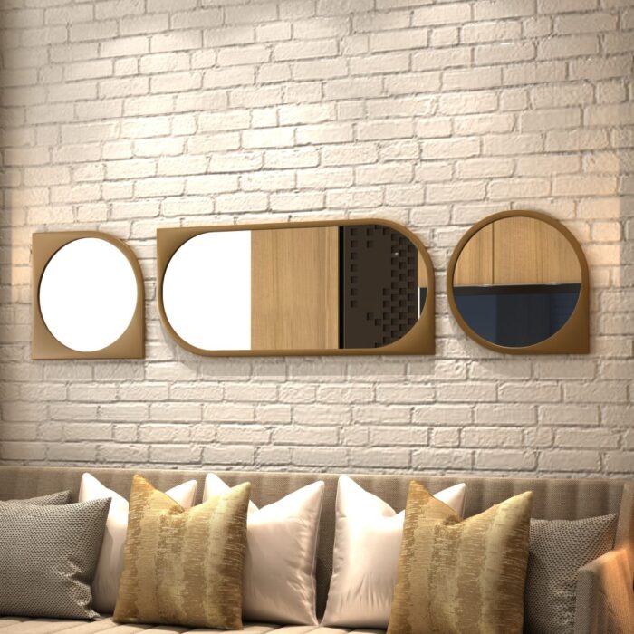 Elevate the style of your bathroom or living room with this stunning Asymmetrical Bathroom Vanity Mirror. Featuring a Round Irregular design and a Unique curved shape, this mirror adds a touch of modern elegance to any space. The Aesthetic Long Gold finish brings a touch of luxury, making it the perfect statement piece for your home. Complete your living room set with this one-of-a-kind mirror that is sure to impress your guests.