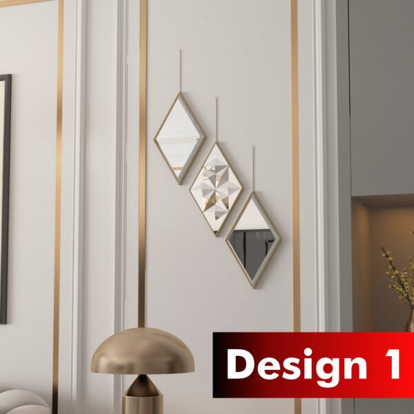 Elevate your living space with this stunning Geometric Wall Mirror set. Perfect for adding a touch of modern flair to your home decor, this Small Mirror Set includes three unique triangle mirrors that can be arranged together or separately. Each mirror is handmade with precision and features a sleek hanging chain for easy installation. These decorative mirrors are versatile enough to be displayed in the living room, bathroom, or even as a chic vanity mirror. Upgrade your space with this stylish and contemporary wall decor piece today!