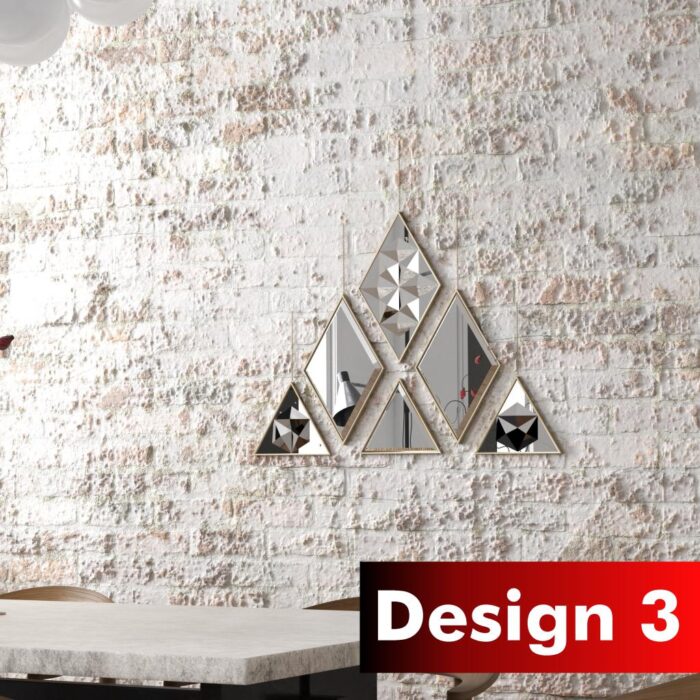 Add a touch of modern elegance to your living space with this Geometric Wall Mirror set. This set of small mirrors is perfect for adding a stylish flair to your living room decor or bathroom vanity. Handmade with care, these decorative mirrors feature a unique triangle shape and are suspended by a chic hanging chain for easy display. Elevate your wall decor with these sleek and sophisticated mirrors that will surely make a statement in any room.