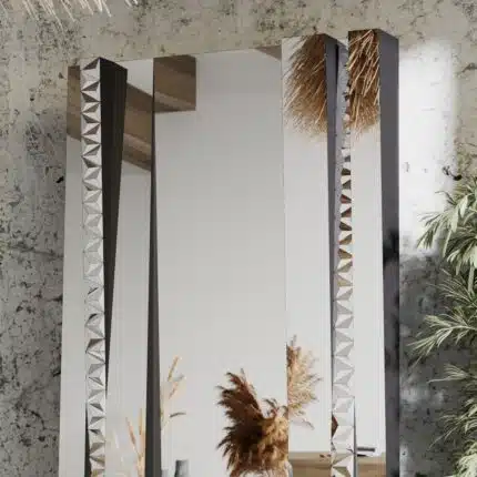 Floor Mirror, Unique Designer Free Standing Mirror, Wall Mirror, Aesthetic Design Mirror, Statement Mirror, Full length Mirror, Tinted Mirror, Modern Design Mirror, Living Room Mirror, Bathroom Vanity Mirror, Long Mirror, Large Mirror, Big Mirror. 1. Standard Mirror: Full mirror surface with your choice of black or gold backing frame. 2. Tinted Side Mirrors (Black): Side mirrors with a slope, featuring tinted black glass and a black backing frame. 3. Tinted Side Mirrors (Rose Gold): Side mirrors with a slope, featuring tinted rose gold glass and a gold backing frame.