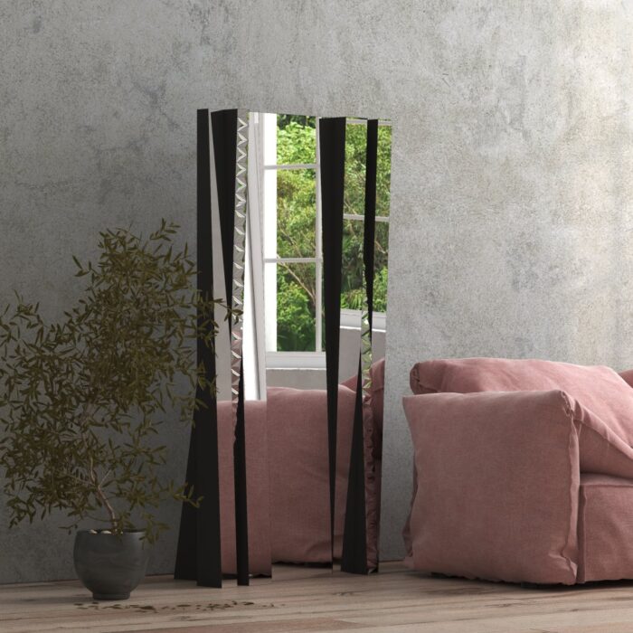 Floor Mirror, Unique Designer Free Standing Mirror, Wall Mirror, Aesthetic Design Mirror, Statement Mirror, Full length Mirror, Tinted Mirror, Modern Design Mirror, Living Room Mirror, Bathroom Vanity Mirror, Long Mirror, Large Mirror, Big Mirror. 1. Standard Mirror: Full mirror surface with your choice of black or gold backing frame. 2. Tinted Side Mirrors (Black): Side mirrors with a slope, featuring tinted black glass and a black backing frame. 3. Tinted Side Mirrors (Rose Gold): Side mirrors with a slope, featuring tinted rose gold glass and a gold backing frame.