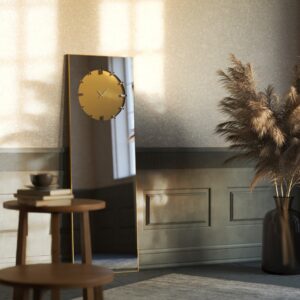 Add a touch of elegance and functionality to your living space with this stunning Standing Mirror with Clock. This floor mirror doubles up as a leaner mirror with a unique Minimal Mirror Clock design, perfect for adding a modern touch to your room décor. This Large Big wall mirror in gold black silver tones is a show-stopping piece that is sure to impress. Whether used in the living room as a focal point or in the entryway for a stylish welcome, this Elegant Designer Mirror for chic homes is a versatile addition to any room. Elevate your space with this Designer Mirror clock that also serves as a Vanity Mirror, adding both style and practicality in one exquisite piece.