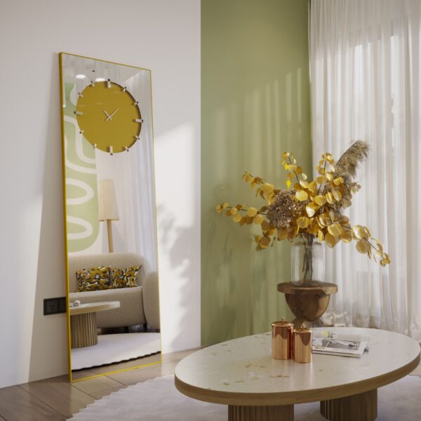 Add a touch of elegance and functionality to your living space with this stunning Standing Mirror with Clock. This floor mirror doubles as a leaner mirror with a unique Minimal Mirror Clock design, making it a statement piece in any room. The combination of modern style and timeless appeal makes this Large Big Wall Mirror a perfect addition to your home décor. The Gold, Black, and Silver finishes complement any interior, whether you place it in the living room or use it as an Entryway Mirror. This Elegant Designer Mirror is not only a chic accent piece but also a practical timepiece. Transform your space with this versatile Vanity Mirror that embodies both style and sophistication.