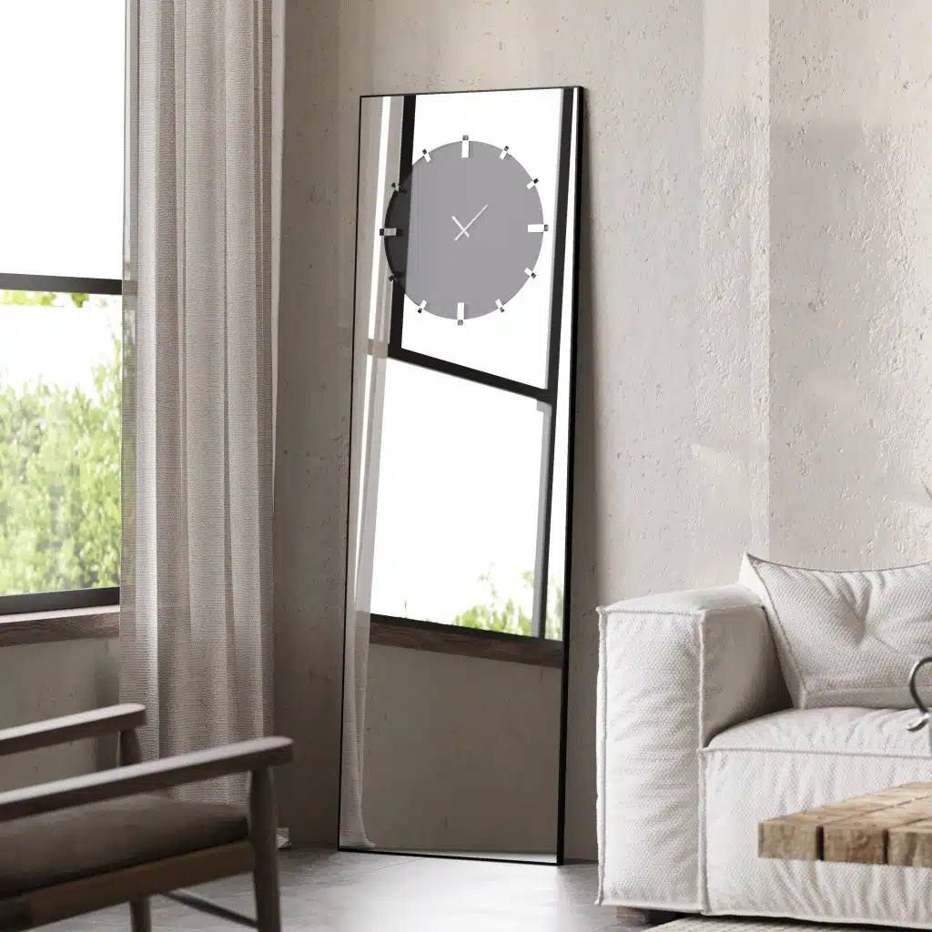 Add a touch of elegance and functionality to your living space with this stunning Standing Mirror with Clock. This floor mirror doubles as a leaner mirror with a unique Minimal Mirror Clock design, making it a statement piece in any room. The combination of modern style and timeless appeal makes this Large Big Wall Mirror a perfect addition to your home décor. The Gold, Black, and Silver finishes complement any interior, whether you place it in the living room or use it as an Entryway Mirror. This Elegant Designer Mirror is not only a chic accent piece but also a practical timepiece. Transform your space with this versatile Vanity Mirror that embodies both style and sophistication.