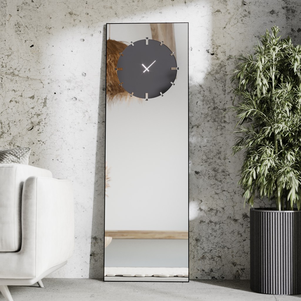 Add a touch of elegance and functionality to your living space with this stunning Standing Mirror with Clock. This floor mirror doubles up as a leaner mirror with a unique Minimal Mirror Clock design, perfect for adding a modern touch to your room décor. This Large Big wall mirror in gold black silver tones is a show-stopping piece that is sure to impress. Whether used in the living room as a focal point or in the entryway for a stylish welcome, this Elegant Designer Mirror for chic homes is a versatile addition to any room. Elevate your space with this Designer Mirror clock that also serves as a Vanity Mirror, adding both style and practicality in one exquisite piece.