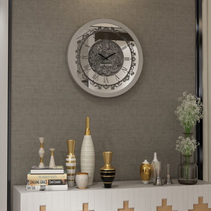 Add a touch of vintage charm to your living space with this stunning Silver Color Round Wall Clock. Featuring elegant Roman Numerals, a Curved Wood Center, and an Antique finish, this Large Wall Clock is perfect for adding a unique touch to your kitchen or living room decor. Whether you need a statement piece with this Oversized Wall Clock or a simple timepiece with this Silent Wall Clock, this Retro-inspired design is sure to impress. Don't miss out on this must-have item for anyone seeking a blend of classic and contemporary style!