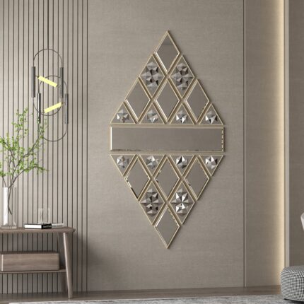 21-Piece Geometric Design: A mix of diamond, triangle, and rectangular shapes that form a visually striking large diamond pattern. The mirror features a balance of sleek, simple bevelled mirrors and mirrors with intricate art detailing, offering a unique and dynamic look.