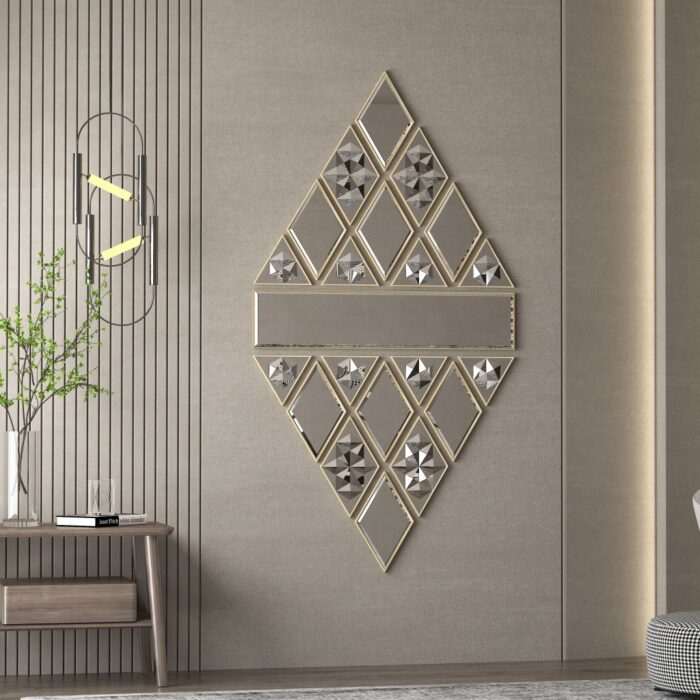 21-Piece Geometric Design: A mix of diamond, triangle, and rectangular shapes that form a visually striking large diamond pattern. The mirror features a balance of sleek, simple bevelled mirrors and mirrors with intricate art detailing, offering a unique and dynamic look.