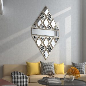 21-Piece Geometric Design: A mix of diamond, triangle, and rectangular shapes that form a visually striking large diamond pattern. The mirror features a balance of sleek, simple bevelled mirrors and mirrors with intricate art detailing, offering a unique and dynamic look.