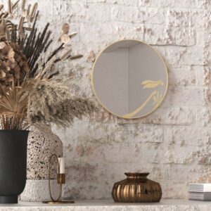 Small round handmade wall mirror with Persian calligraphy design featuring the word 'Freedom' etched on the mirror surface, available with black or gold frame.