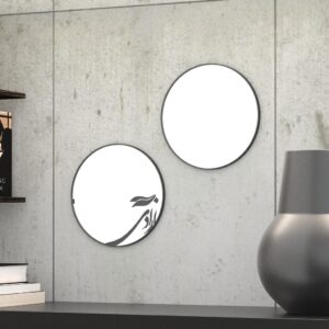 Small round handmade wall mirror with Persian calligraphy design featuring the word 'Freedom' etched on the mirror surface, available with black or gold frame.