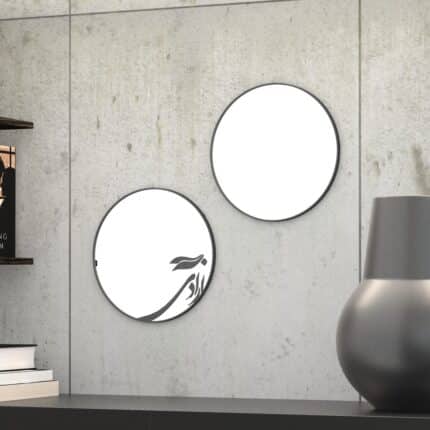 Small round handmade wall mirror with Persian calligraphy design featuring the word 'Freedom' etched on the mirror surface, available with black or gold frame.