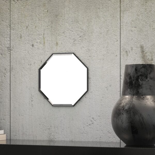 A octagonal wall mirror elegantly mounted on a wall adjacent to a well-stocked bookshelf, enhancing the room's aesthetic appeal.